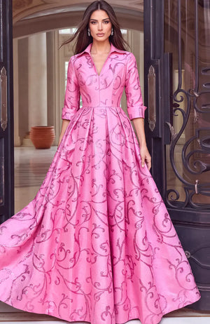 Jovani 54516 v-neck collared ball gown front view