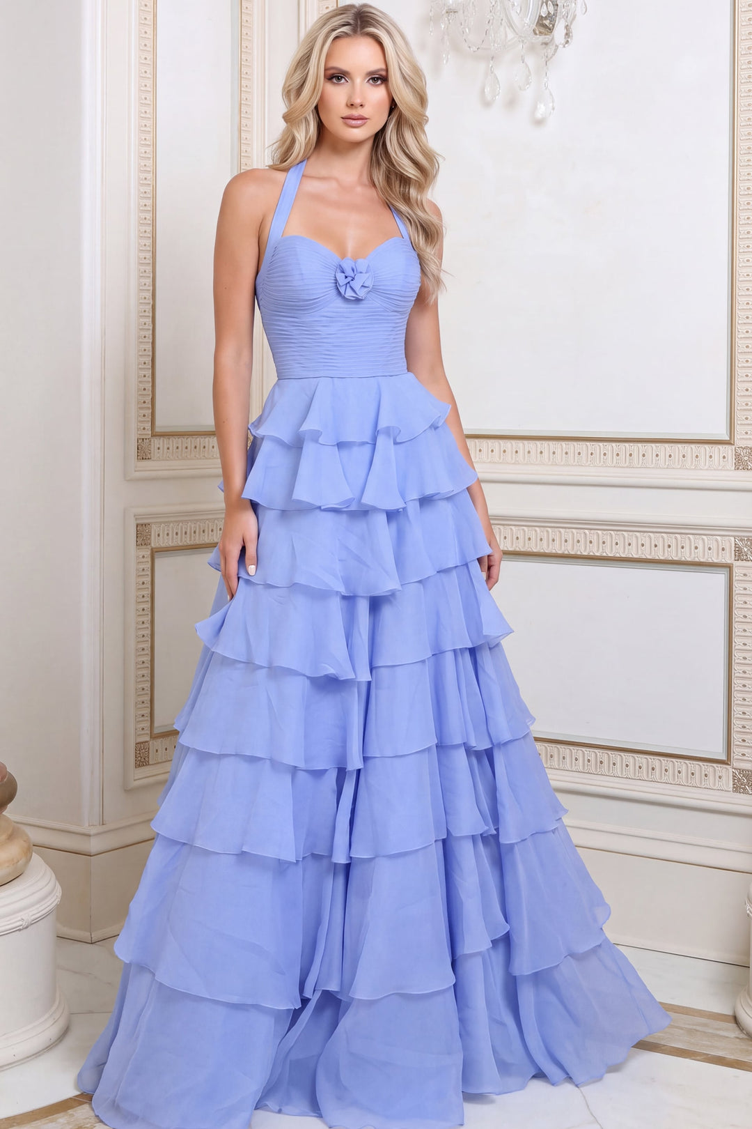 Jovani 54785 Halter Ruched Bodice Tiered Ruffle Gown front view