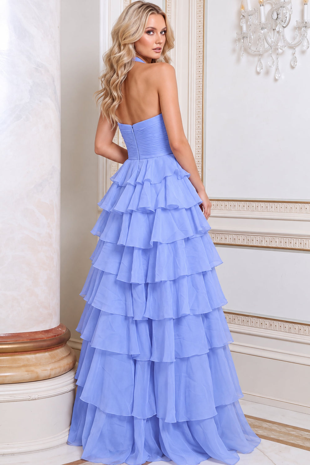 Jovani 54785 Halter Ruched Bodice Tiered Ruffle Gown back view