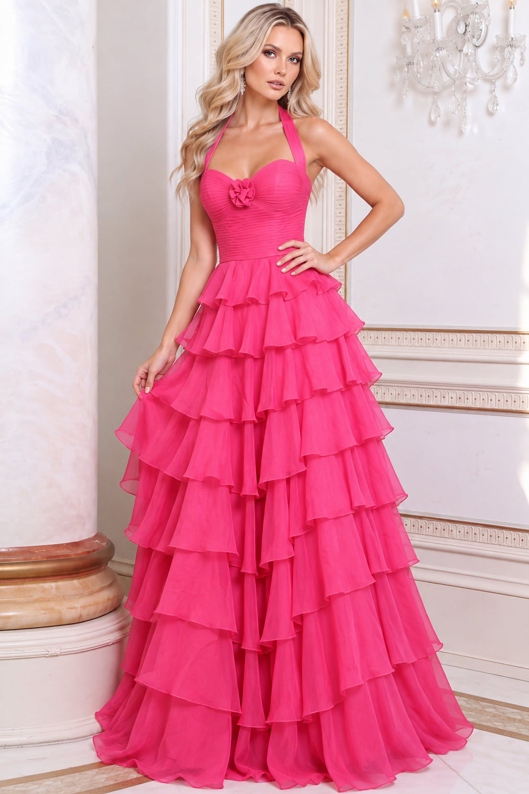 Jovani 54785 Halter Ruched Bodice Tiered Ruffle Gown front view
