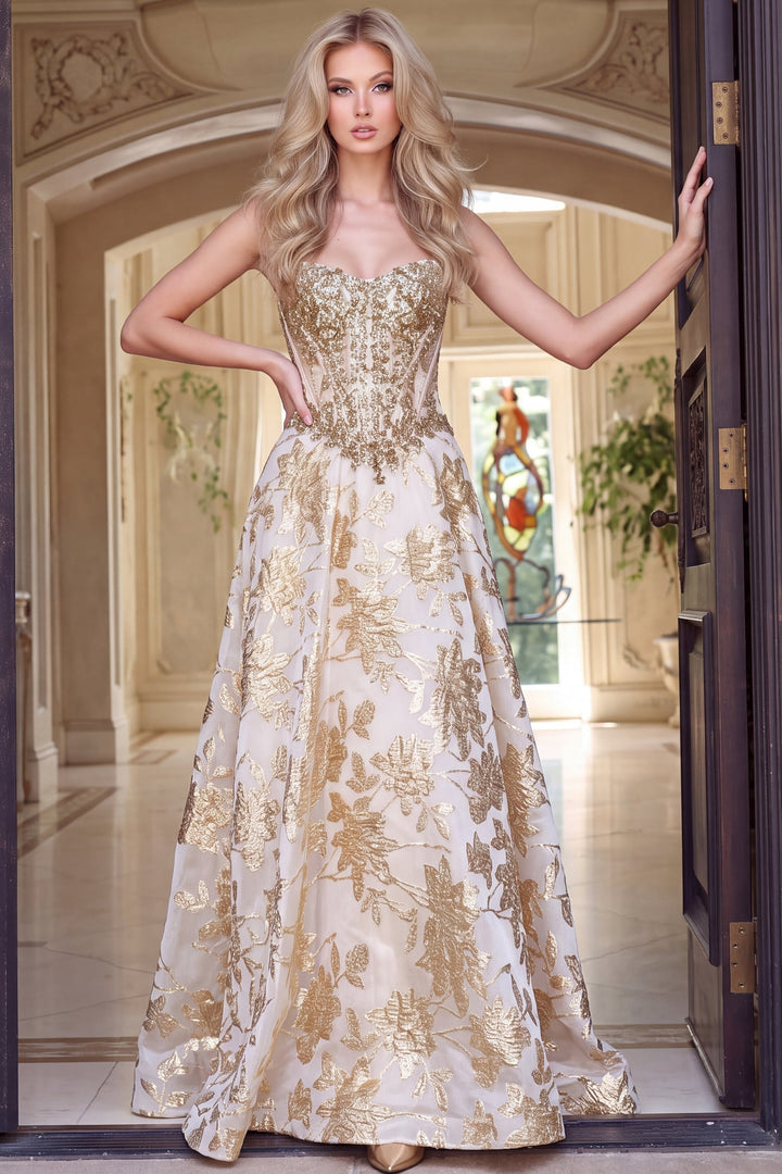 Jovani 54869 Strapless Sweetheart Beaded Corset A-Line Gown front view