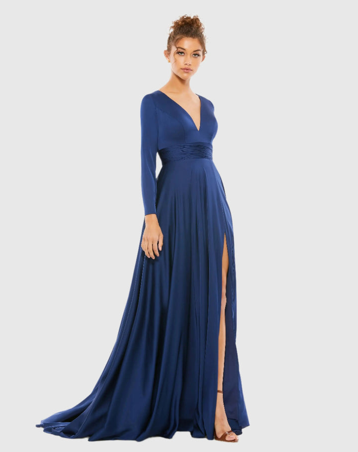 Mac Duggal 55245 Long Sleeve Ruched Waist A-Line Gown