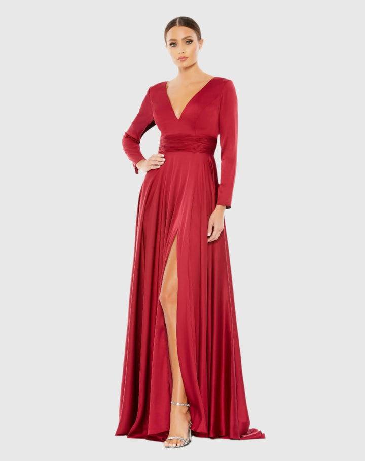 Mac Duggal 55245 Long Sleeve Ruched Waist A-Line Gown