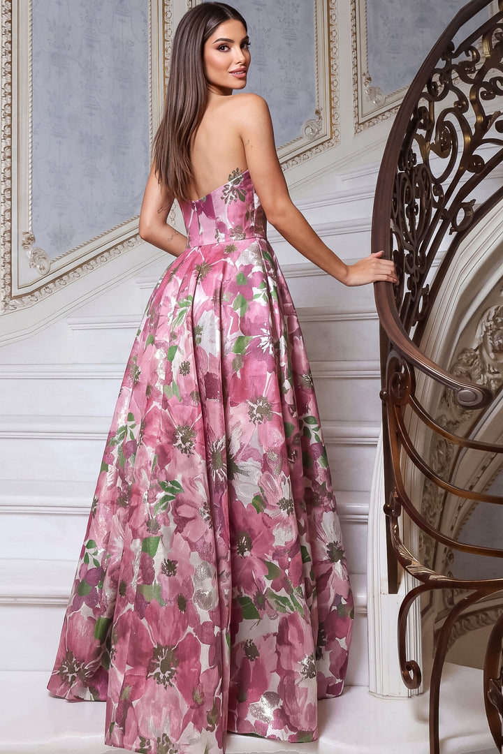 Jovani 55284 Pink Print Floral Strapless A-Line Gown Back - FOSTANI.com