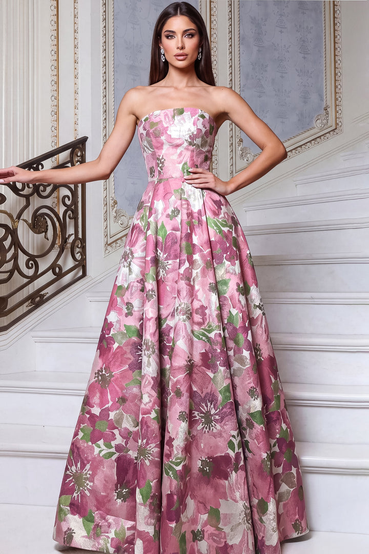 Jovani 55284 Pink Print Floral Strapless A-Line Evening Gown - FOSTANI.com