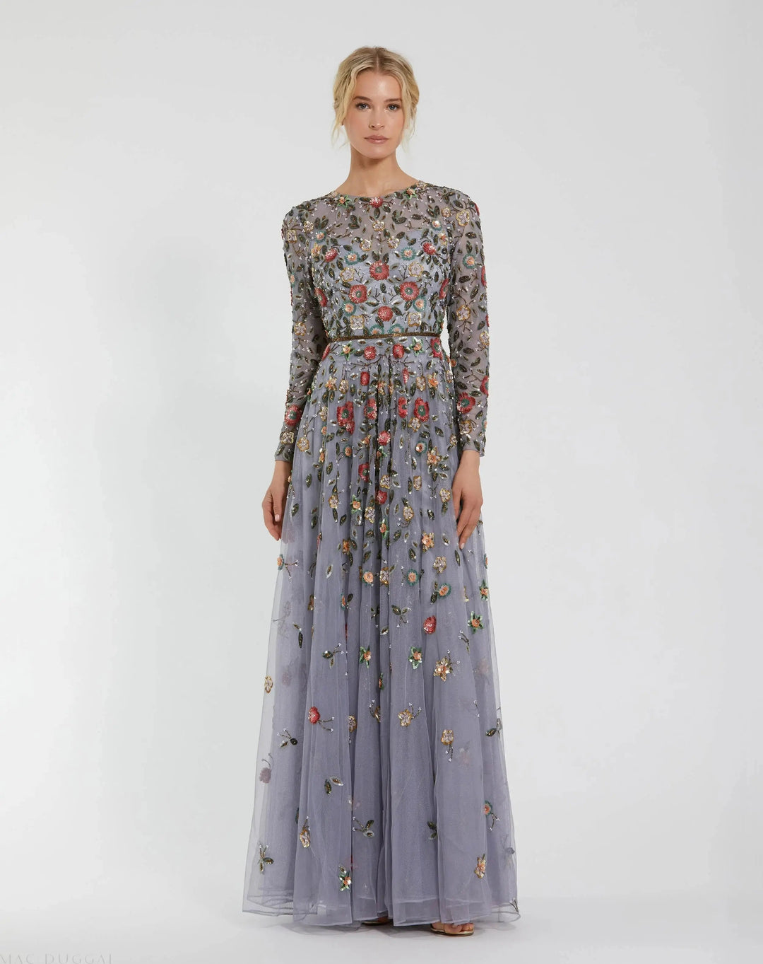 Mac Duggal 5533 Gray Embellished High Neck Long Sleeve A Line Gown