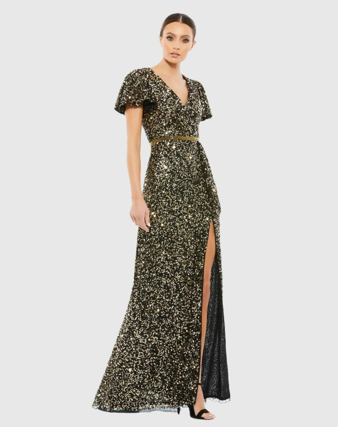 Mac Duggal 5540 Sequined Wrap Over Butterfly Sleeve Draped Gown