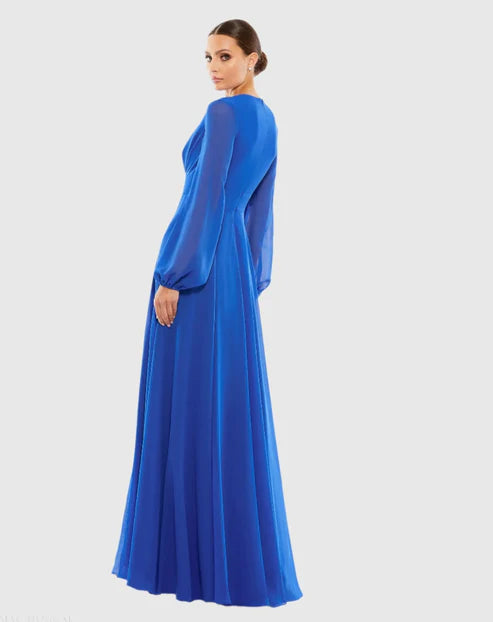 Mac Duggal 55682 V-Neck Illusion Long Sleeve Chiffon Gown