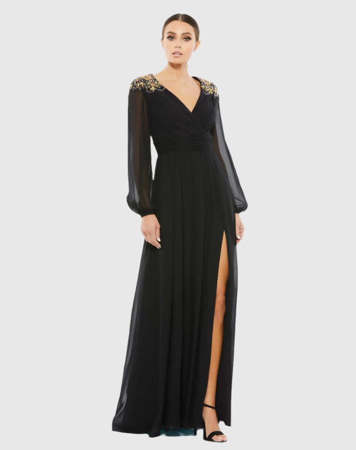 Mac Duggal 55694 Embellished Shoulder Blouson Sleeve Evening Gown