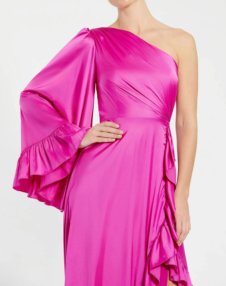 Mac Duggal 55950 Long One Sleeve Asymmetrical Ruffle Hem Gown