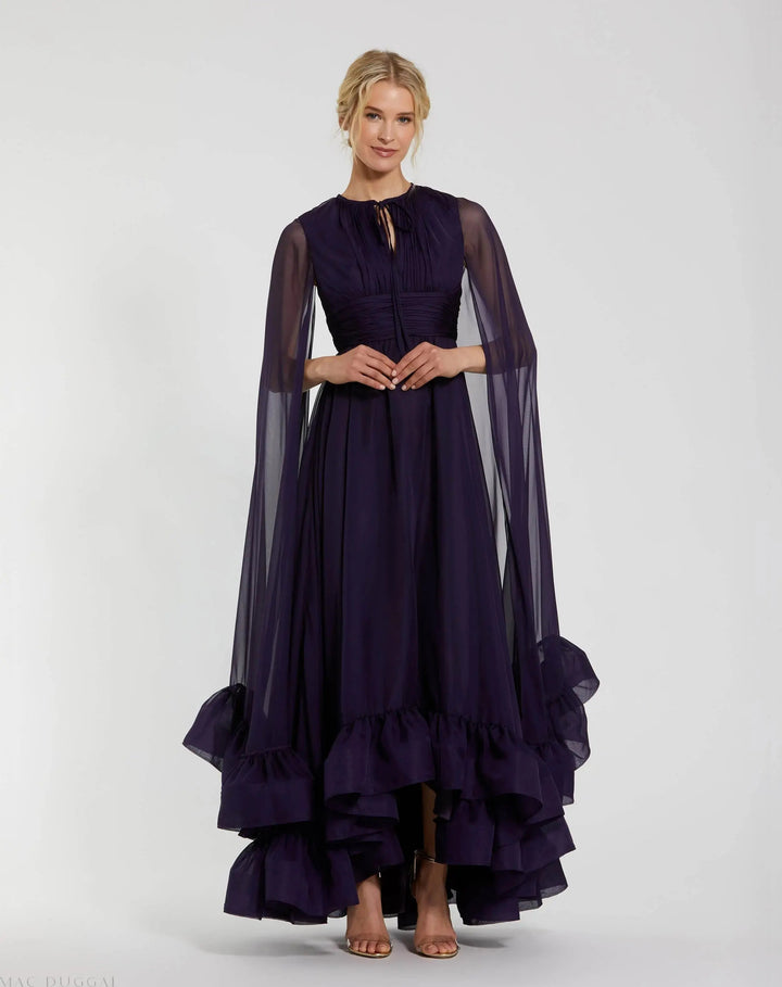 Mac Duggal 56082 Chiffon Cape Sleeve Ankle-Length Dress With Keyhole