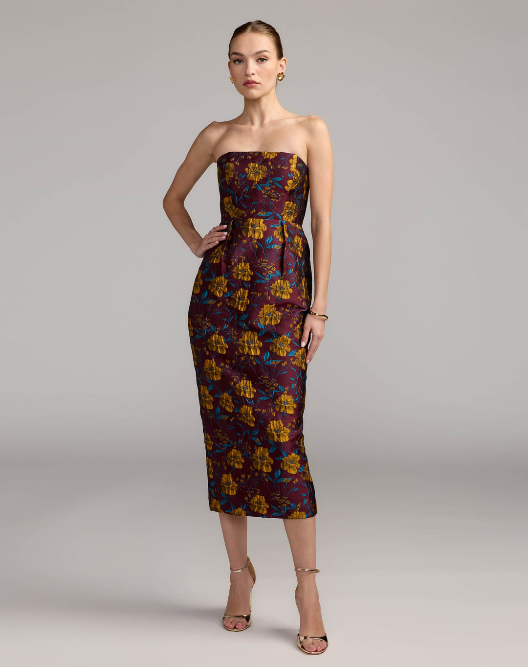 Mac Duggal 56097 Floral Brocade Strapless Fitted Midi Dress