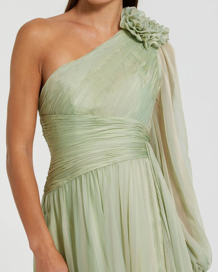 Green One Shoulder 3D Flower Gown With Slit - FOSTANI.com