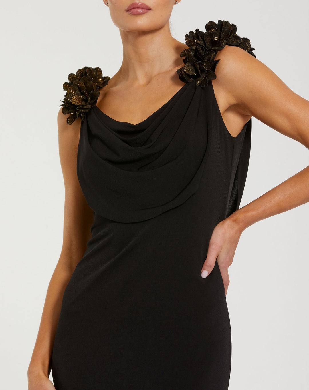 Mac Duggal 56195 Cowl Neck Jersey Gown with 3D Flower Straps