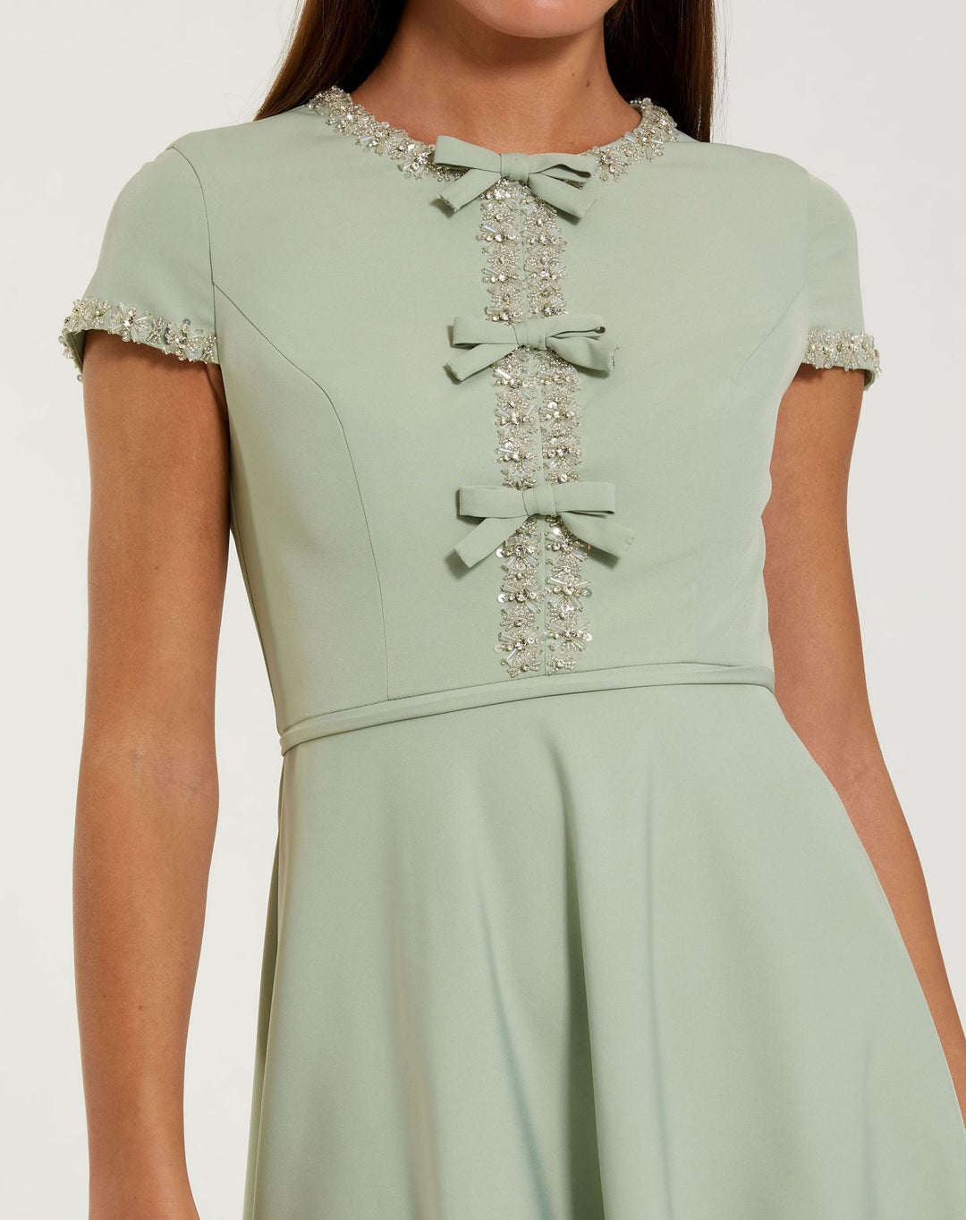 Green Embellished Crepe Cap Sleeve Midi Dress - FOSTANI.com