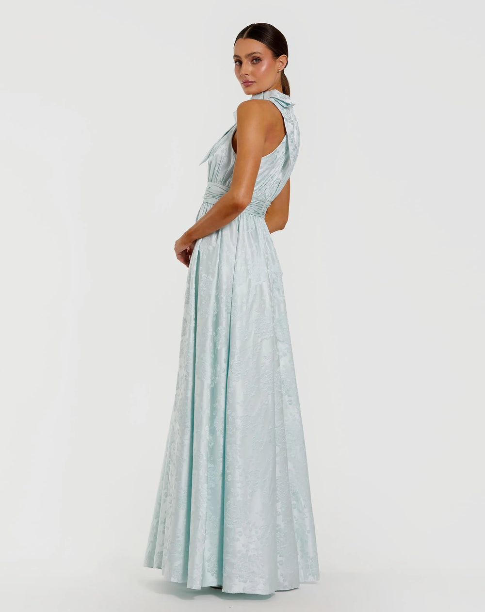 Blue Sleeveless Halter Neck Brocade Gown With Bow Detail - FOSTANI.com