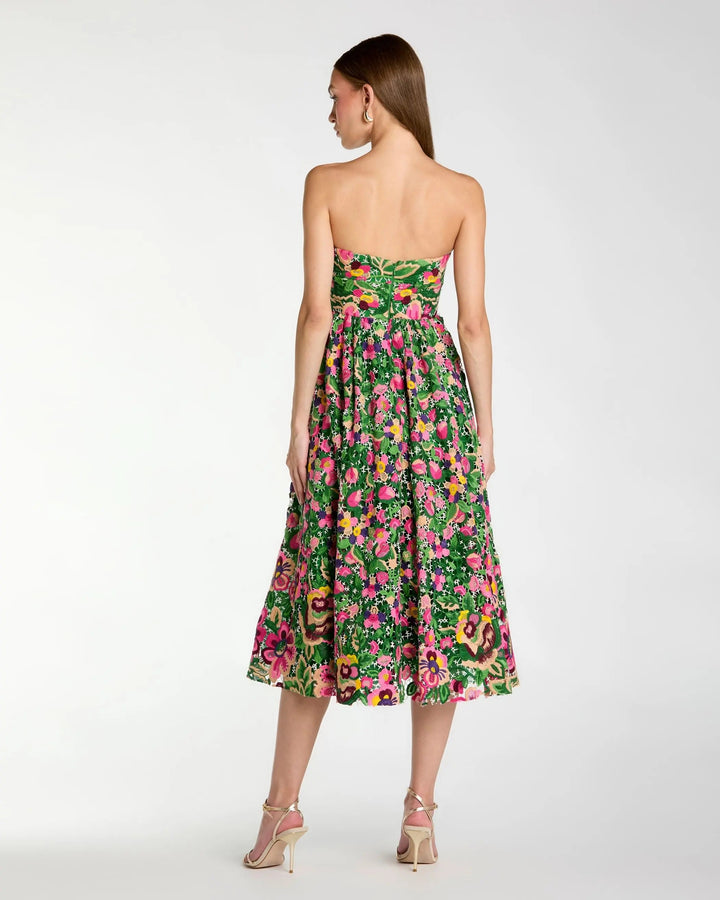 Green Strapless Floral Embroidered Midi Dress - FOSTANI.com