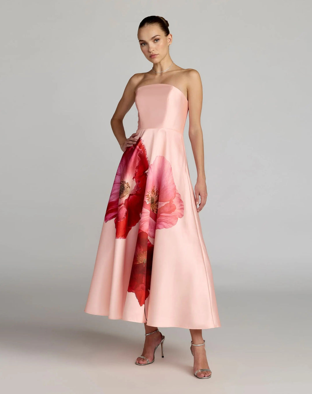Pink Strapless A Line Midi Dress With Flower Print - FOSTANI.com