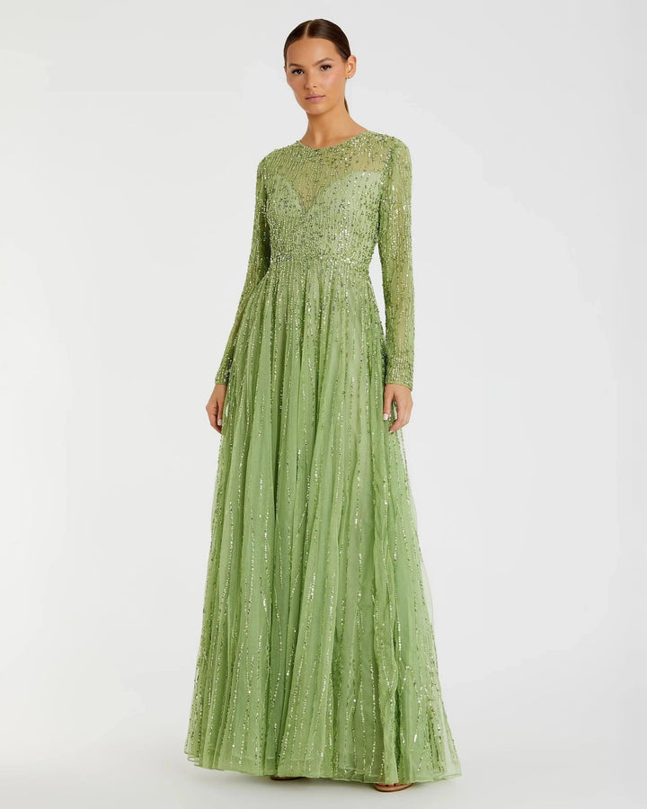 Mac Duggal 5636 Green Illusion High Neck Long Sleeve Embellished Gown