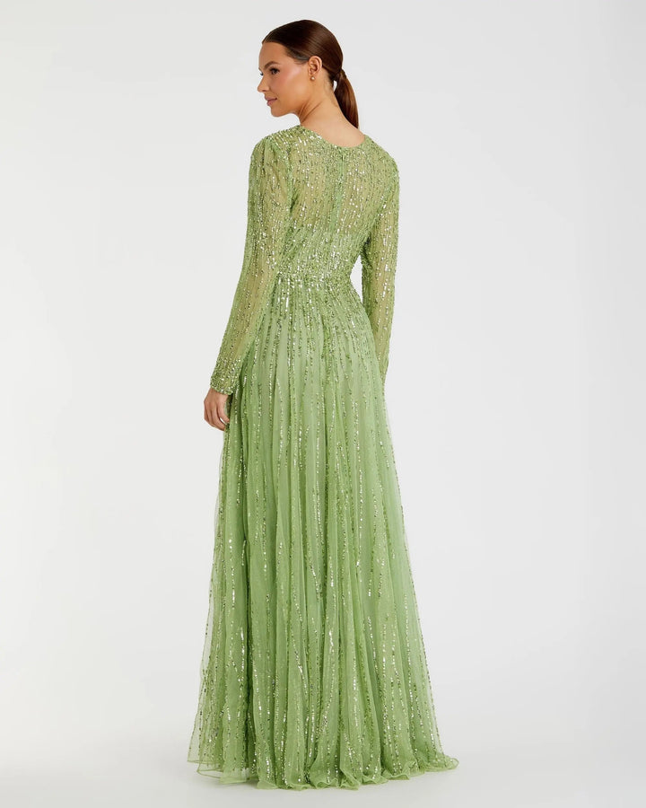 Mac Duggal 5636 Green Illusion High Neck Long Sleeve Embellished Gown