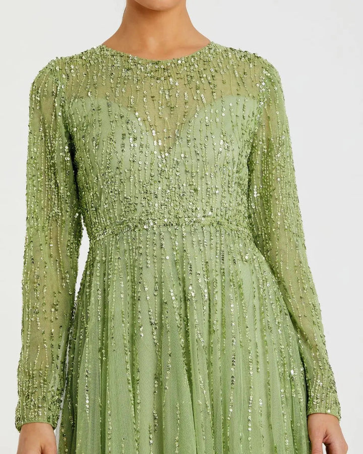 Mac Duggal 5636 Green Illusion High Neck Long Sleeve Embellished Gown