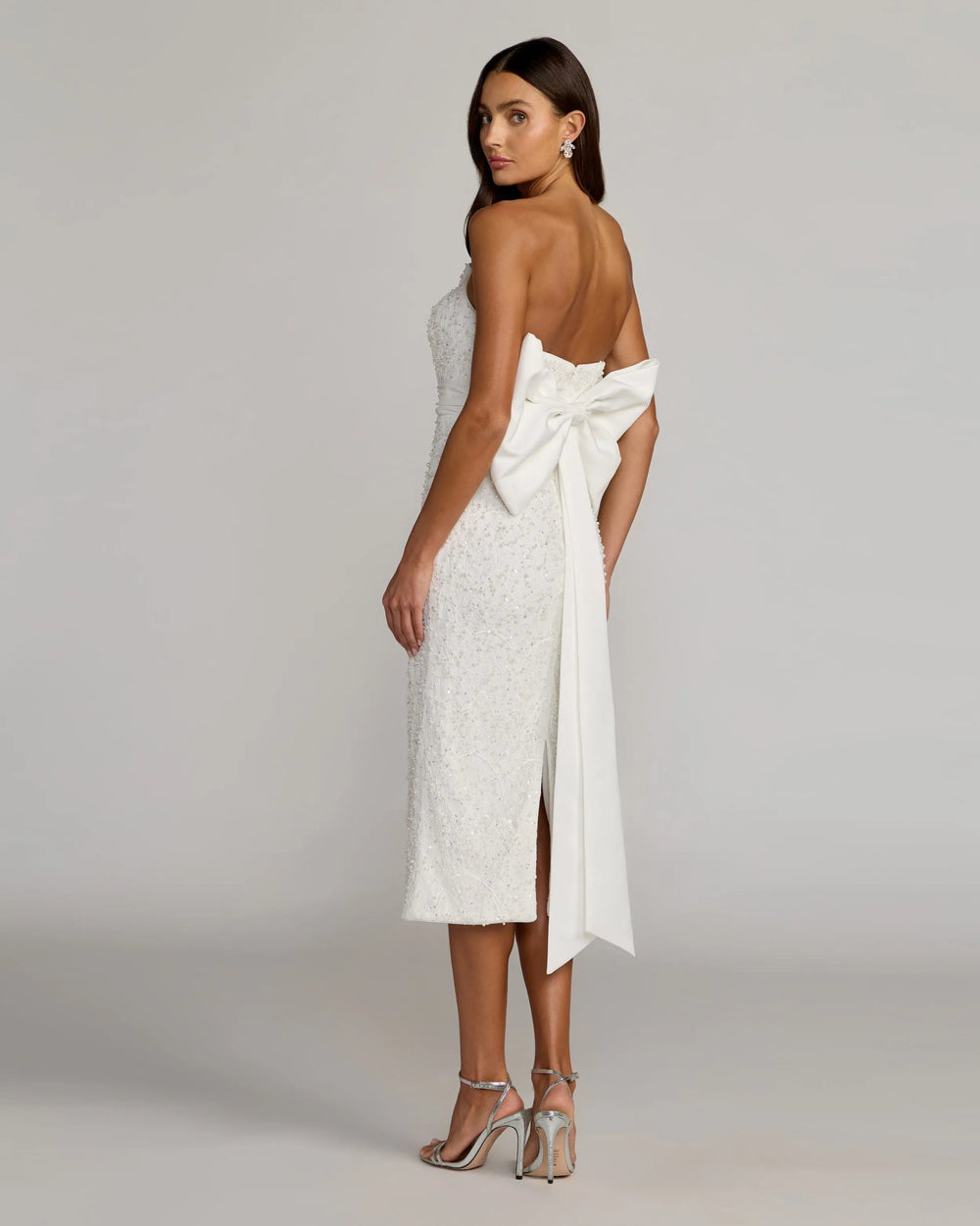 Ivory Strapless Beaded Bow Back Midi Dress - FOSTANI.com
