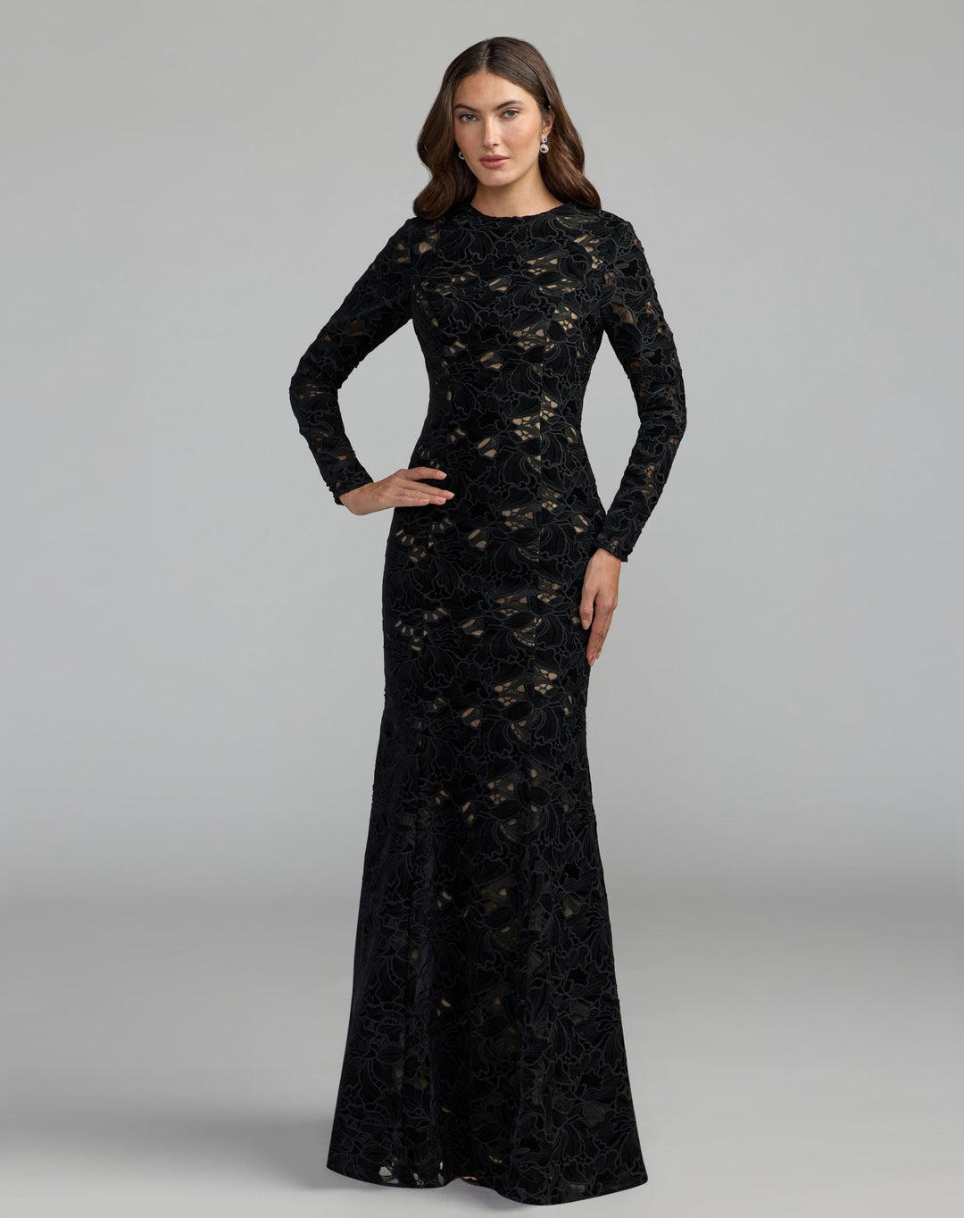 Mac Duggal 56436 Long Sleeve Open Back Embroidered Gown