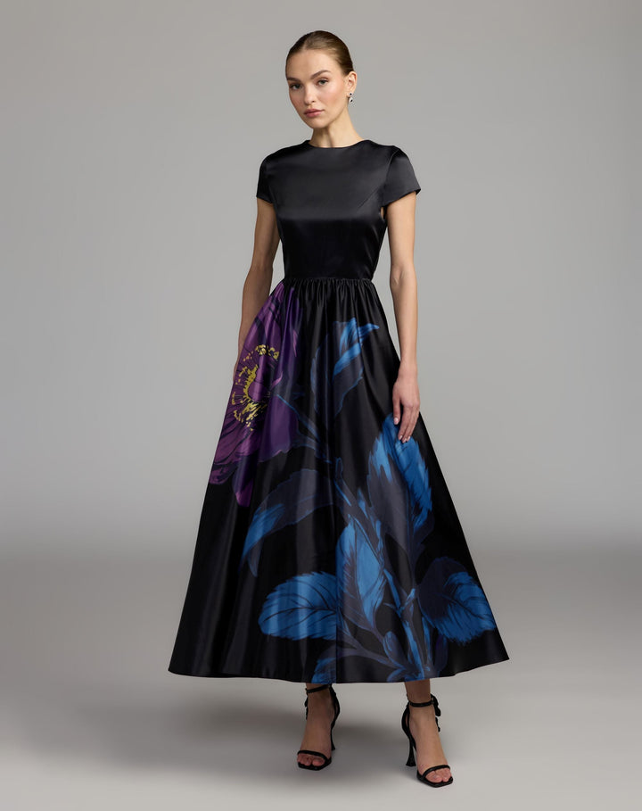 Mac Duggal 56471 Satin Cap Sleeve Floral Printed A-Line Dress