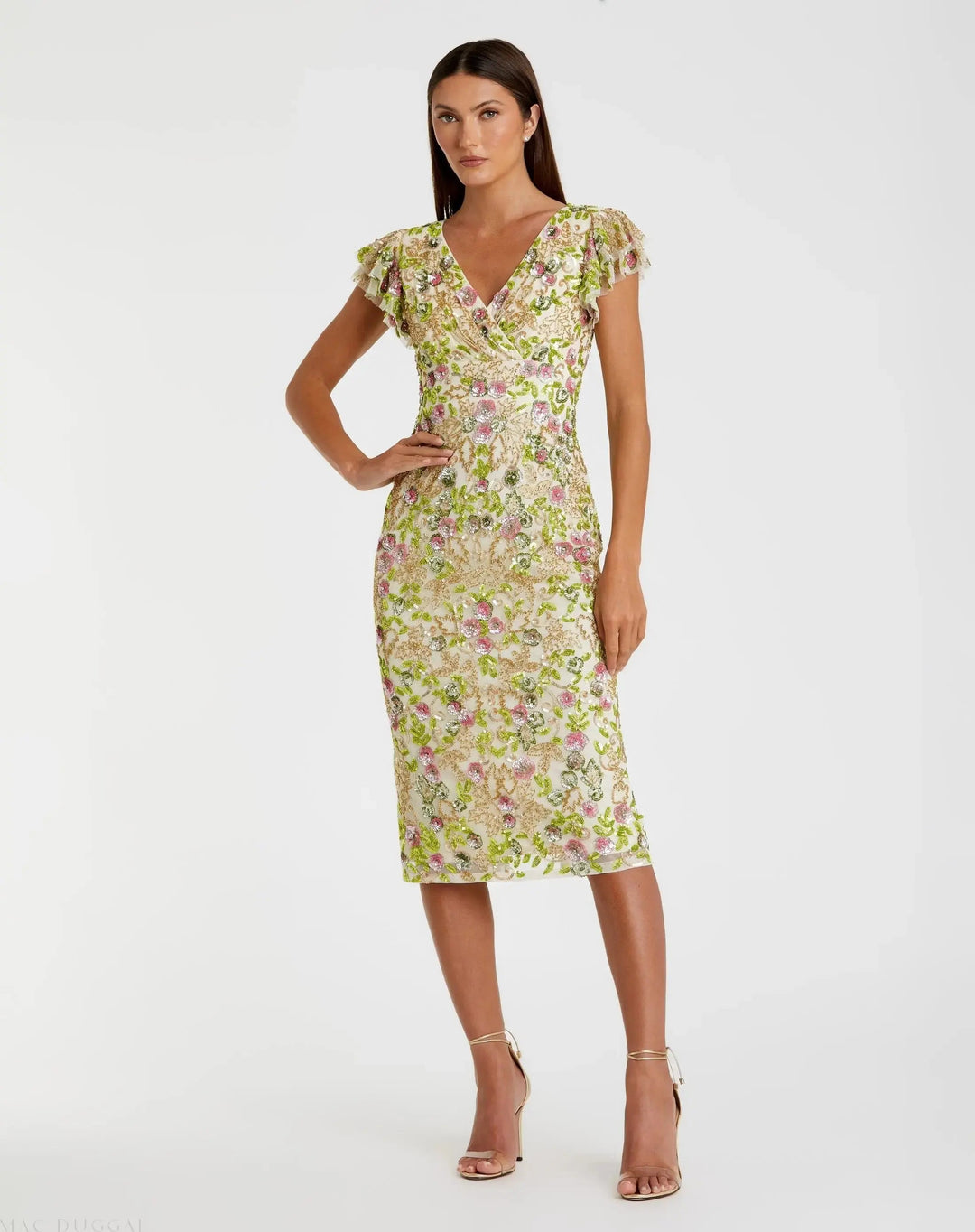 Mac Duggal 5722 Floral Embellished Flutter Cap Sleeve Dress
