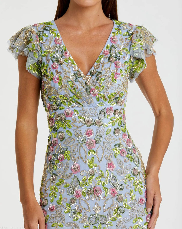 Mac Duggal 5722 Floral Embellished Flutter Cap Sleeve Dress