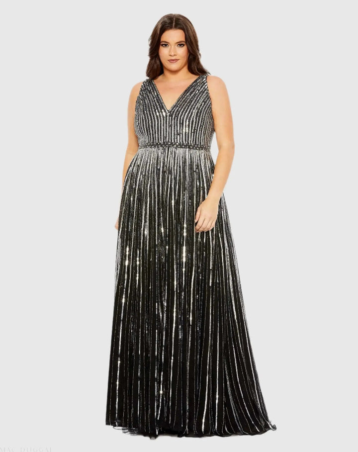 Mac Duggal 5755 Sequined Striped Sleeveless V Neck A Line Gown (Plus)