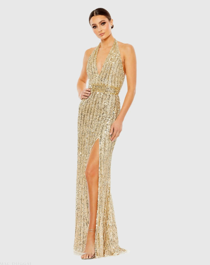 Mac Duggal 5759 Sequined Halter Strap Trumpet Gown