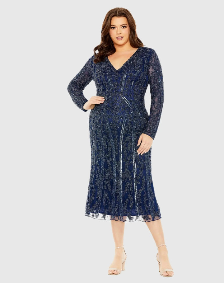 Mac Duggal 5938 Navy Long Sleeve Embellished Dress