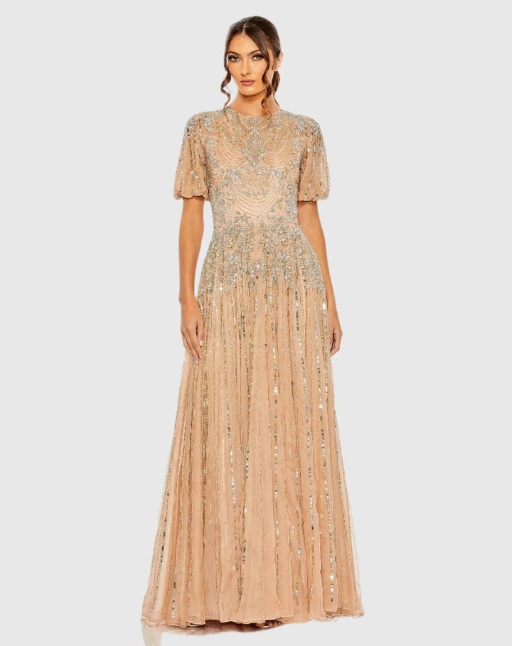 Mac Duggal 5991 High Neck Puff Sleeve Embellished A Line Gown