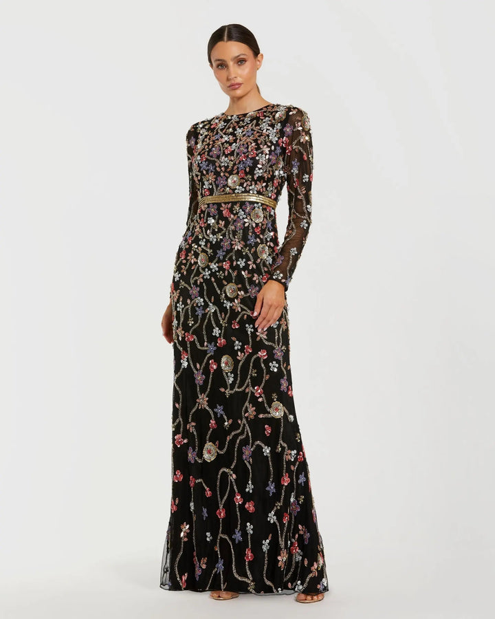 Mac Duggal 6135 Embellished Mesh Long Sleeve Gown