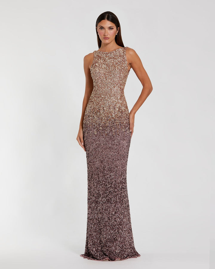 Mac Duggal 6145 Gold Brown Ombre Sequin Cowl Back Gown