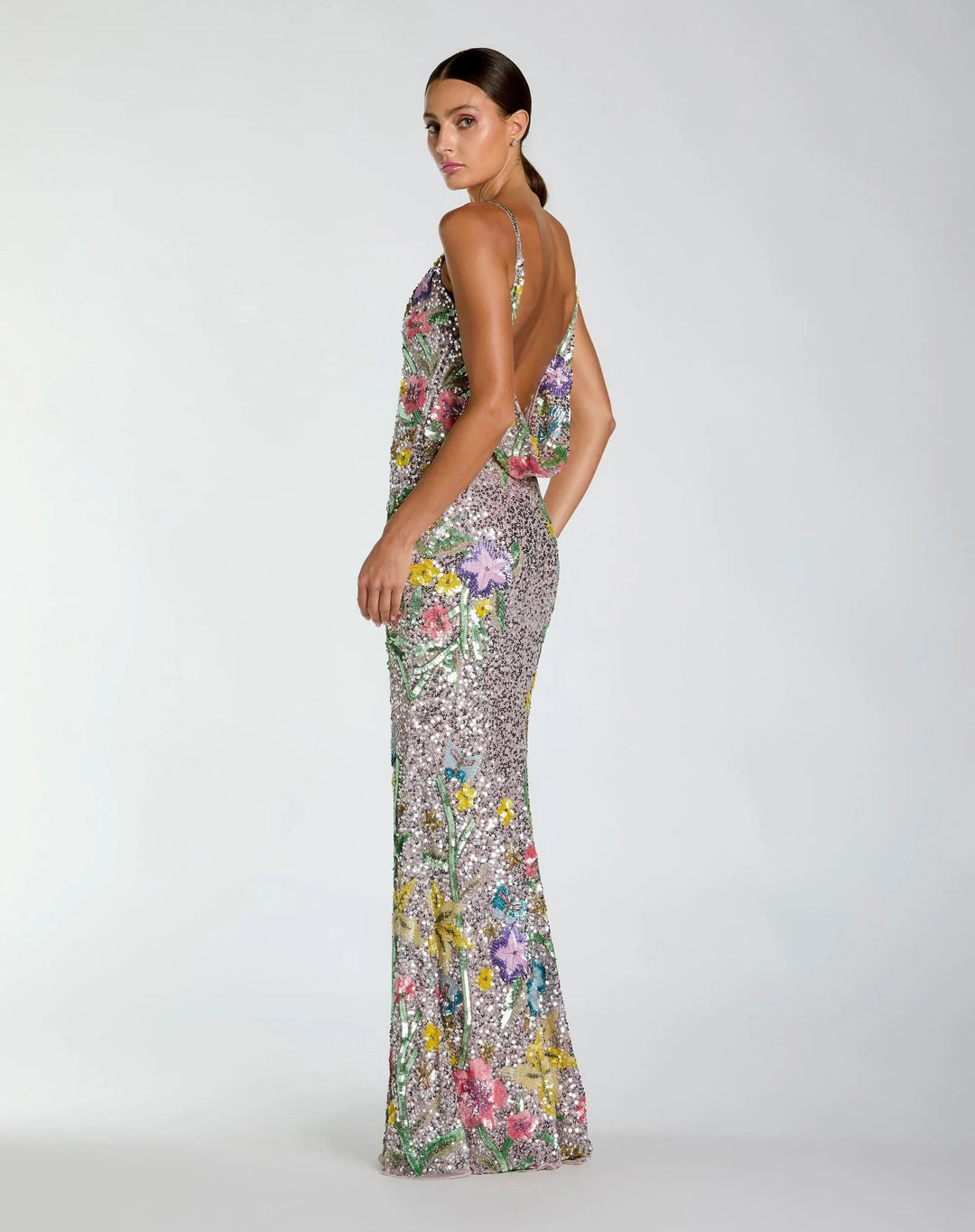 Silver Embellished Sleeveless Cowl Back Gown - FOSTANI.com