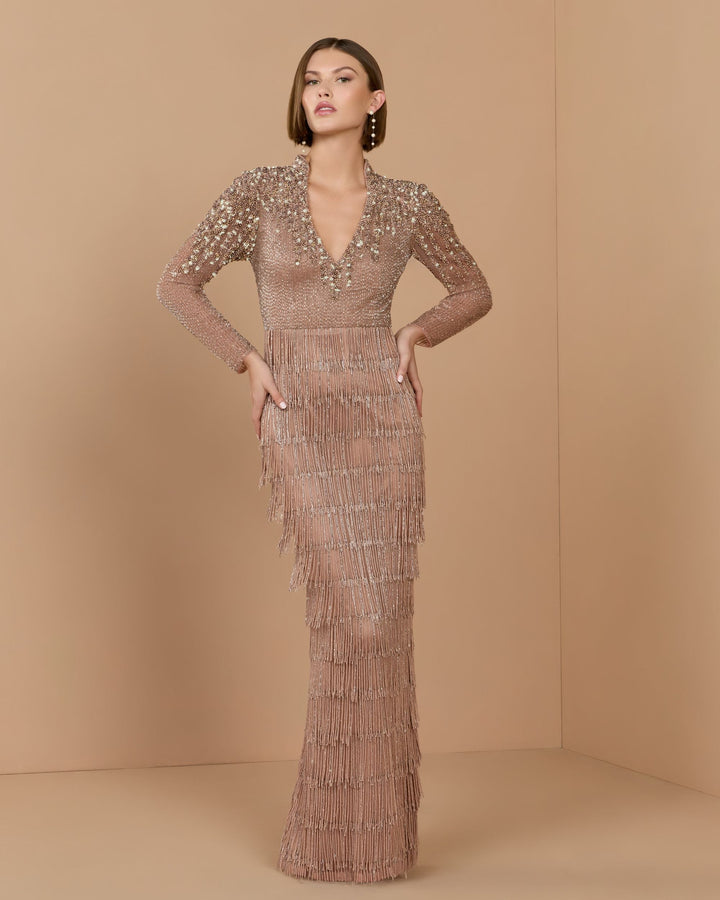 Mac Duggal 6188 Beaded Long Sleeve Fringe Column Gown