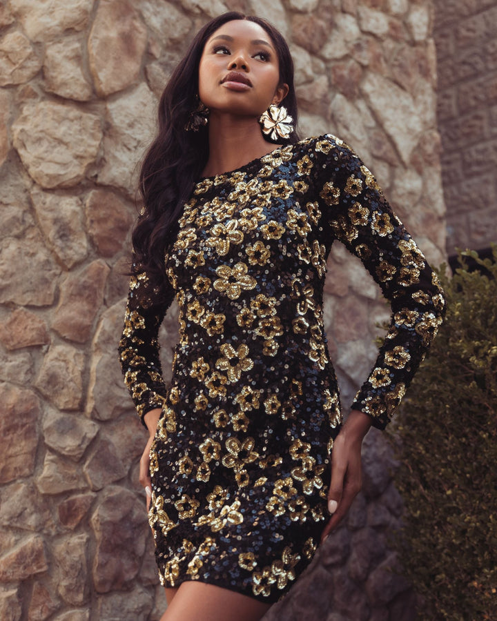 Mac Duggal 6211 Floral Sequin Long Sleeve Mini Dress