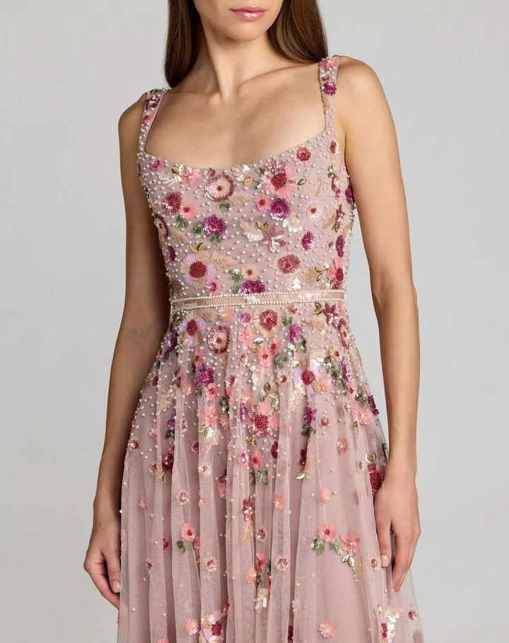 Rose Pink Floral Hand Embellished Scoop Neck Midi Dress - FOSTANI.com