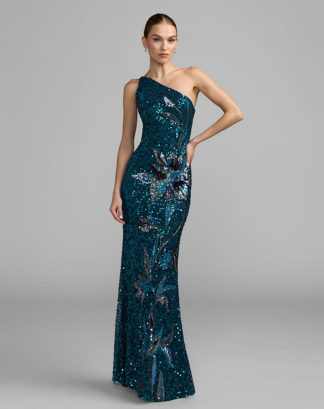 Mac Duggal 6295 Floral Sequin One Shoulder Gown