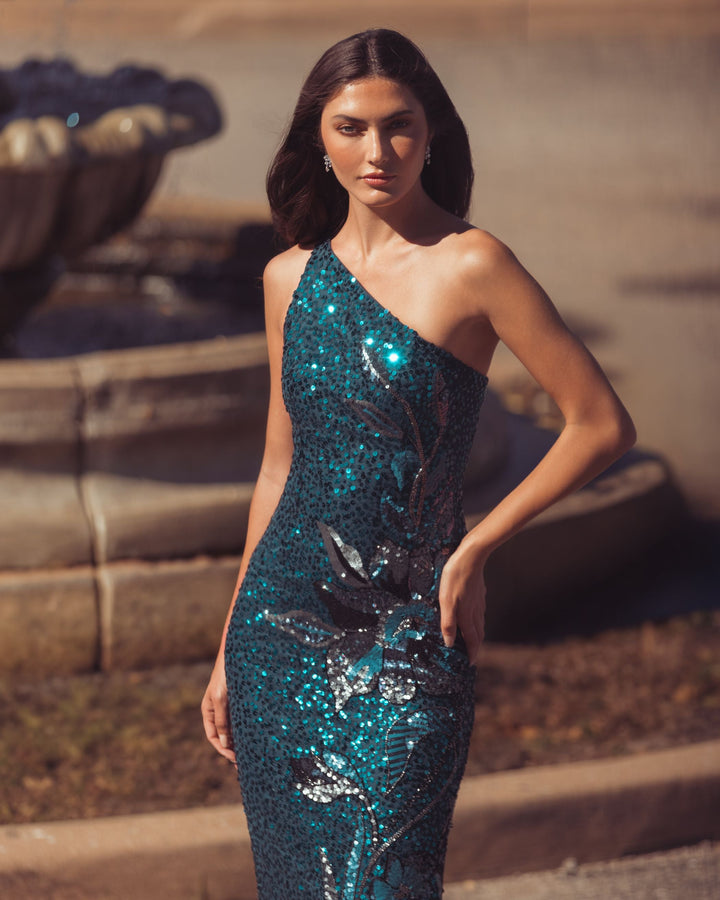 Mac Duggal 6295 Floral Sequin One Shoulder Gown
