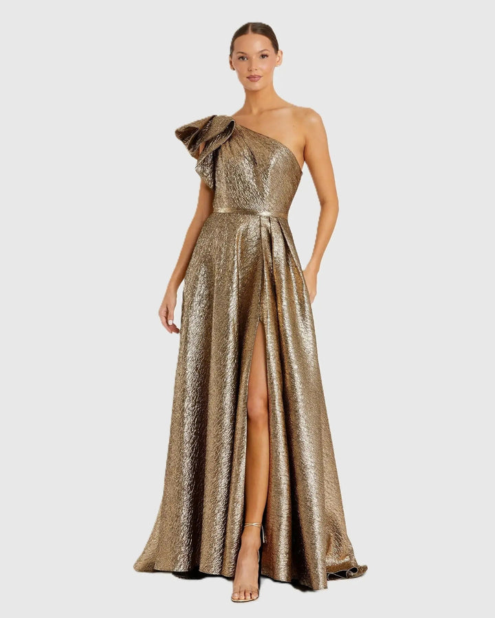 Mac Duggal 67297 Gold One Shoulder Metallic Ball Gown