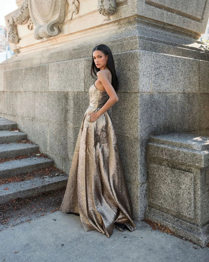 Mac Duggal 67297 Gold One Shoulder Metallic Ball Gown