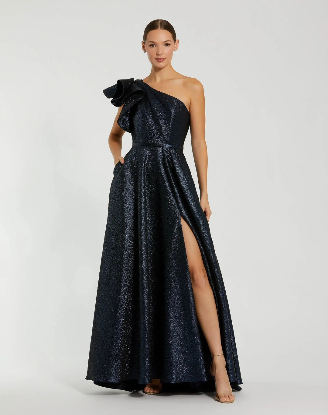 Mac Duggal 67297 Gold One Shoulder Metallic Ball Gown
