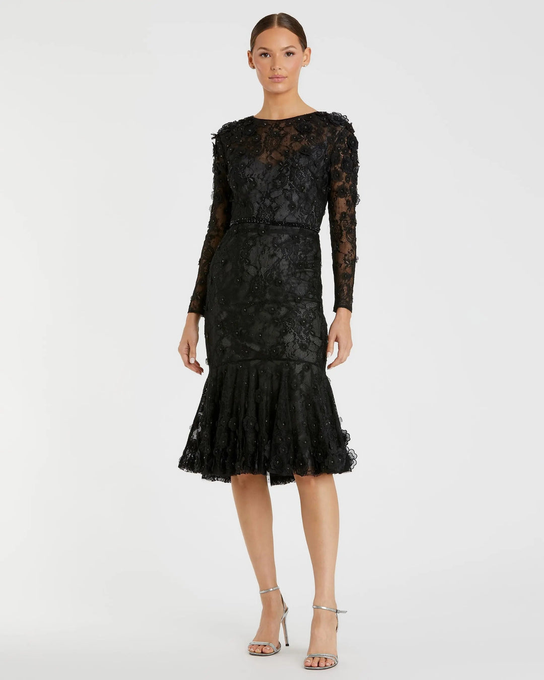 Mac Duggal 67703 Floral Appliqué Long Sleeve Cocktail Dress