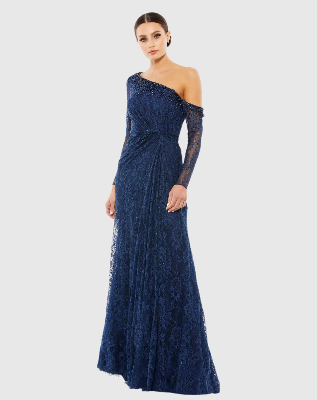 Mac Duggal 67852 Draped Jewel Encrusted Lace Drop Shoulder Gown
