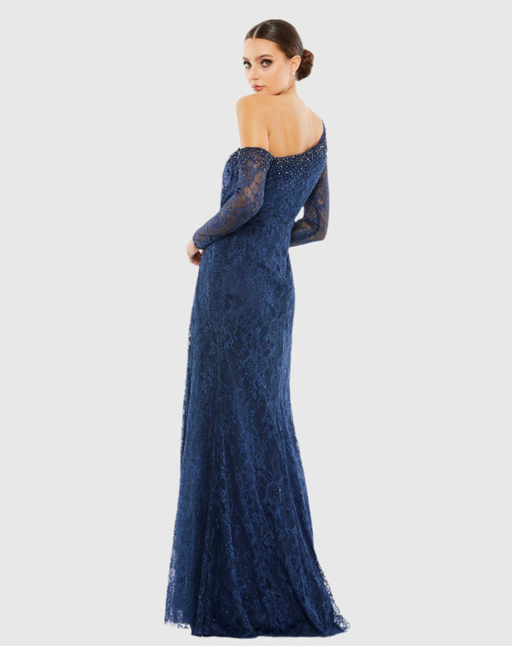 Mac Duggal 67852 Draped Jewel Encrusted Lace Drop Shoulder Gown