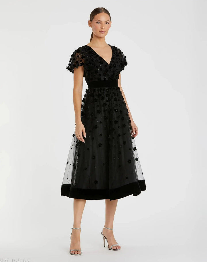 Mac Duggal 67854 Embellished Butterfly Sleeve Velvet Hem Midi Dress
