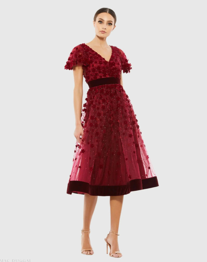 Mac Duggal 67854 Embellished Butterfly Sleeve Velvet Hem Midi Dress